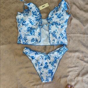 Blue Floral Tie-Front Two-Piece Bikini Set